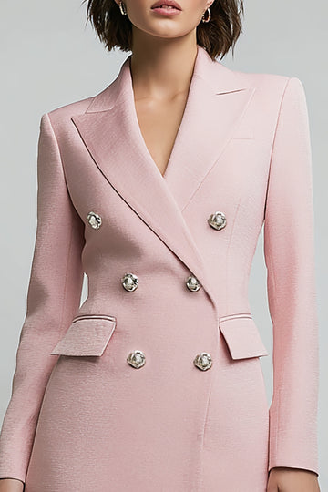 Peak Lapel Pink Double Breasted Long Sleeve Work Dress